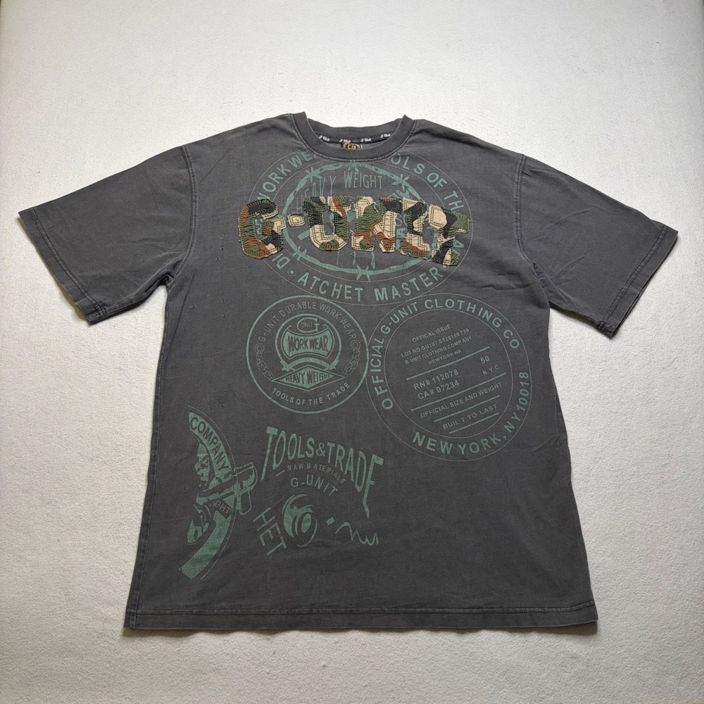 G-Unit T-Shirt Mens 2XL Grey Vintage Y2K Hiphop Camo Applique Heavyweight Cotton